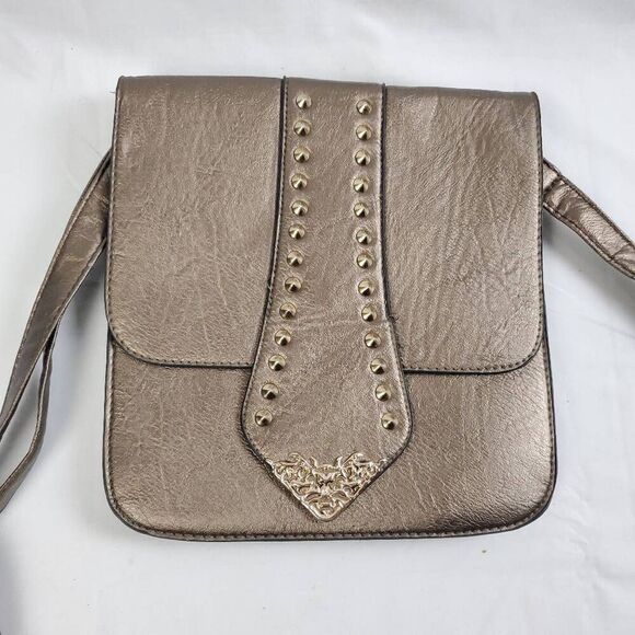 Bronze Studded Crossbody Purse Small Satchel Faux Leather with Gold Detail 11x9 - Picture 6 of 10